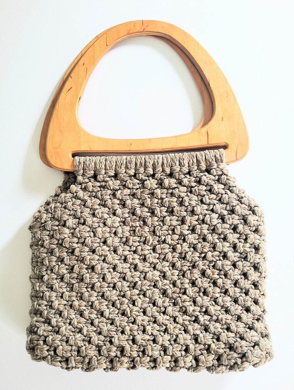 Vintage 1960s 1970s Macrame Bag Handmade Crochet Real Wooden Handle Handbag